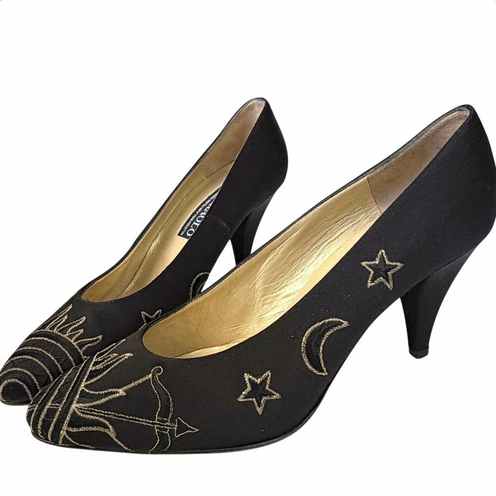VTG 80s Italian Celestial Black Satin Pumps Gold Embroidery Art Shoe 39 US 8.5